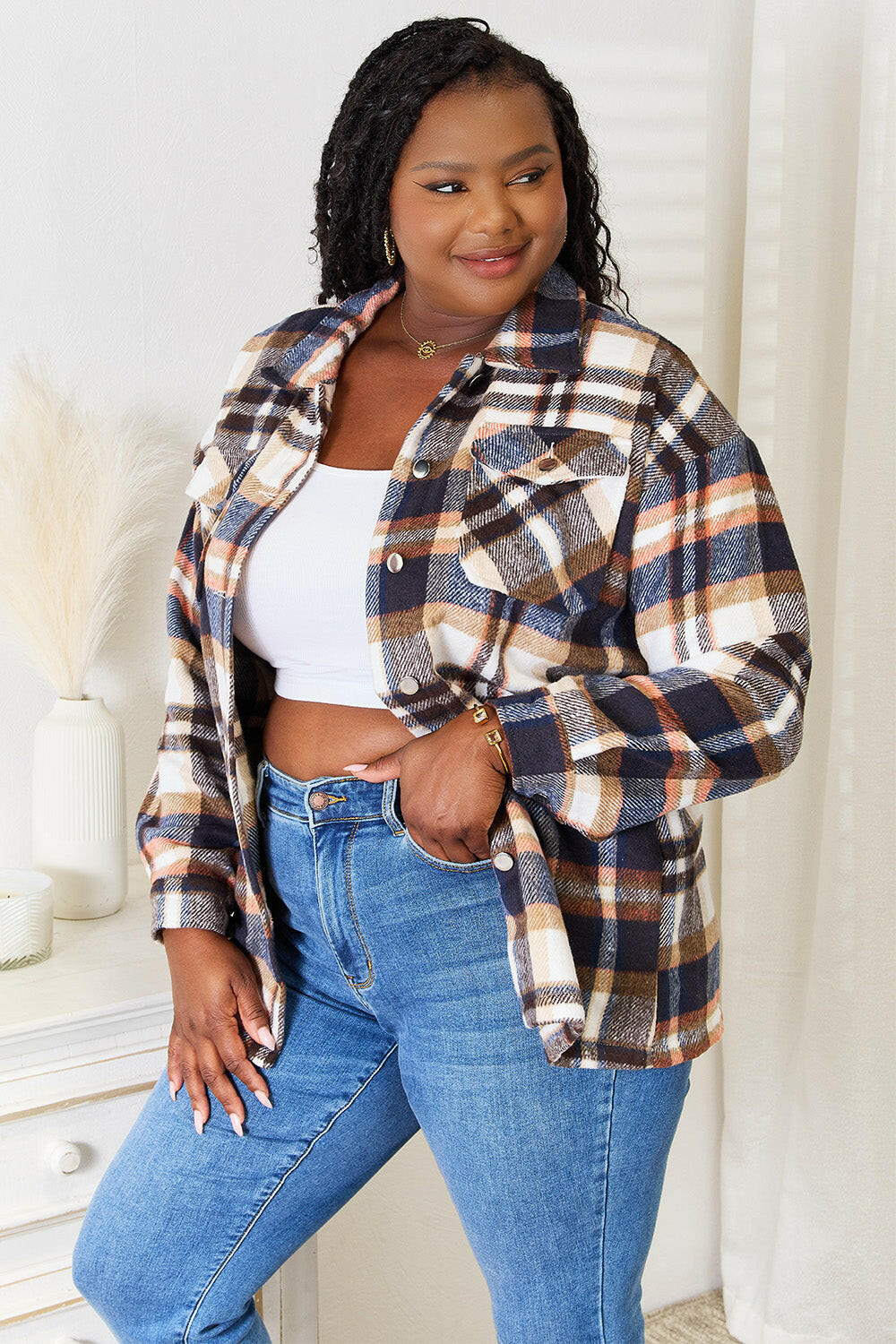 Double Take Plaid Button Front Shirt Jacket.