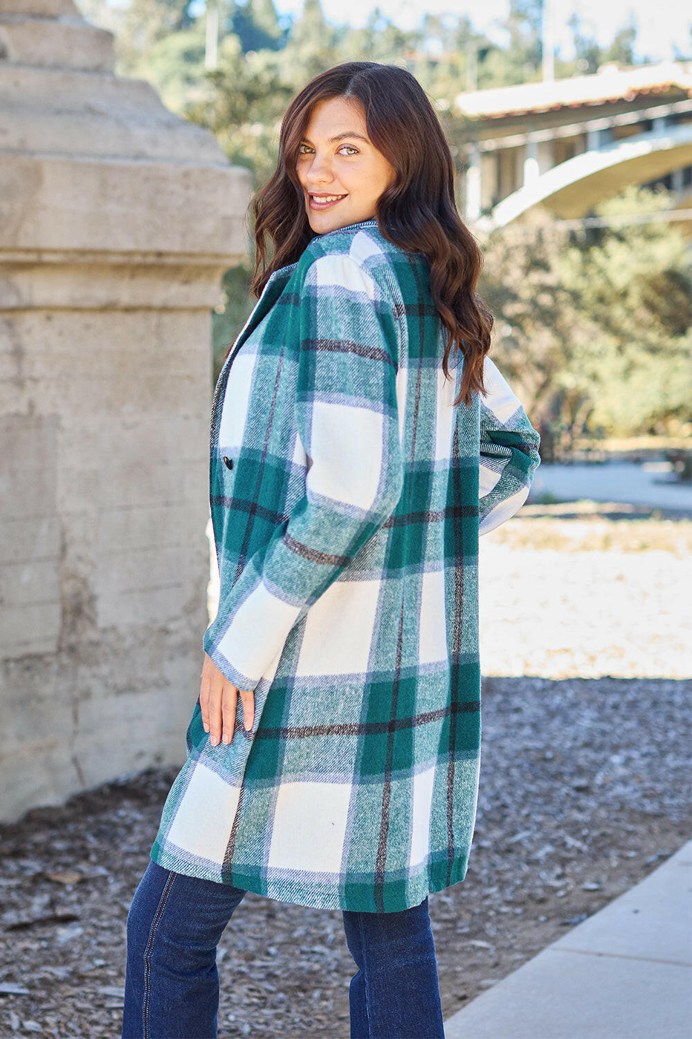 Double Take Plaid Button Up Lapel Collar Coat.