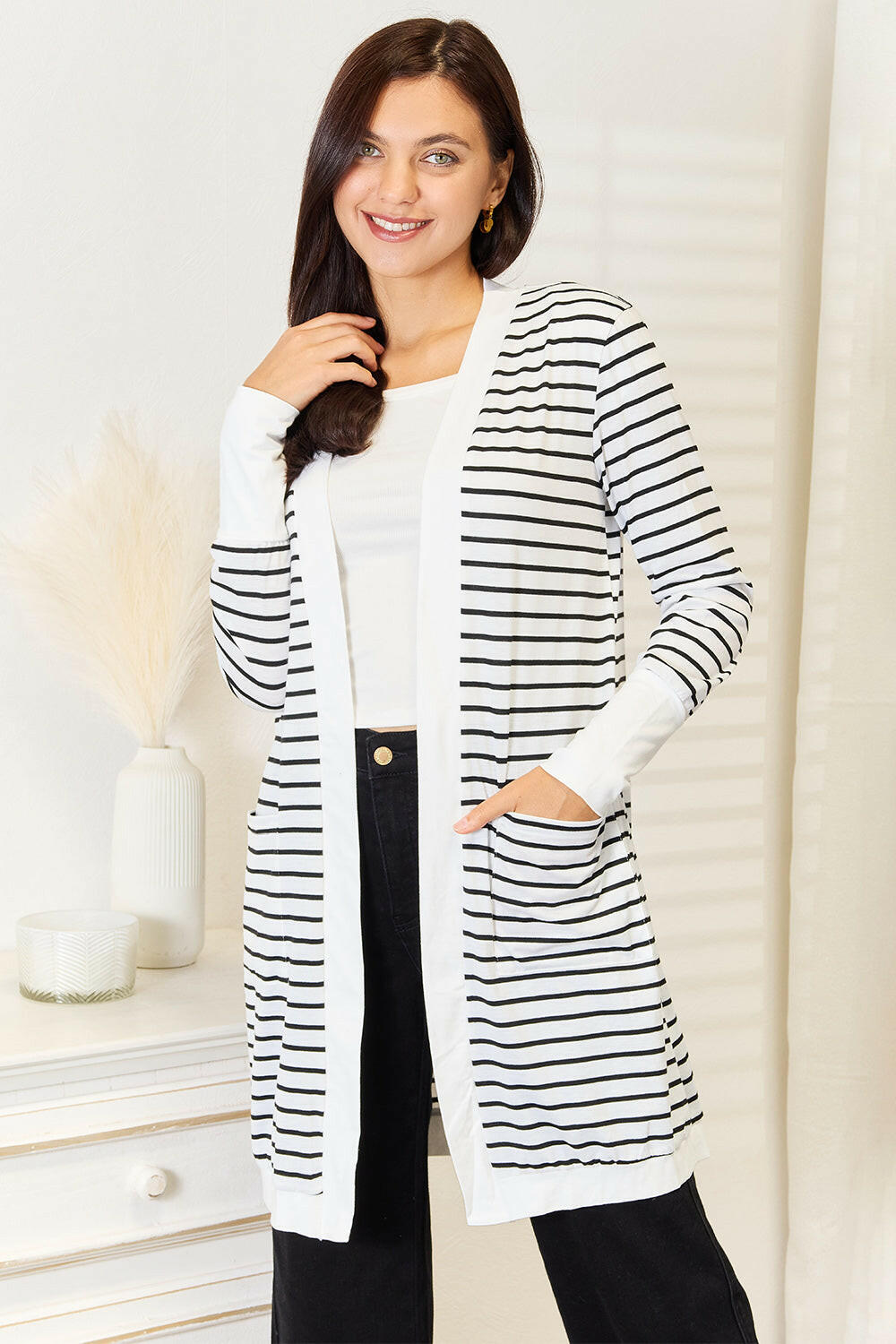 Double Take Striped Open Front Longline Cardigan.