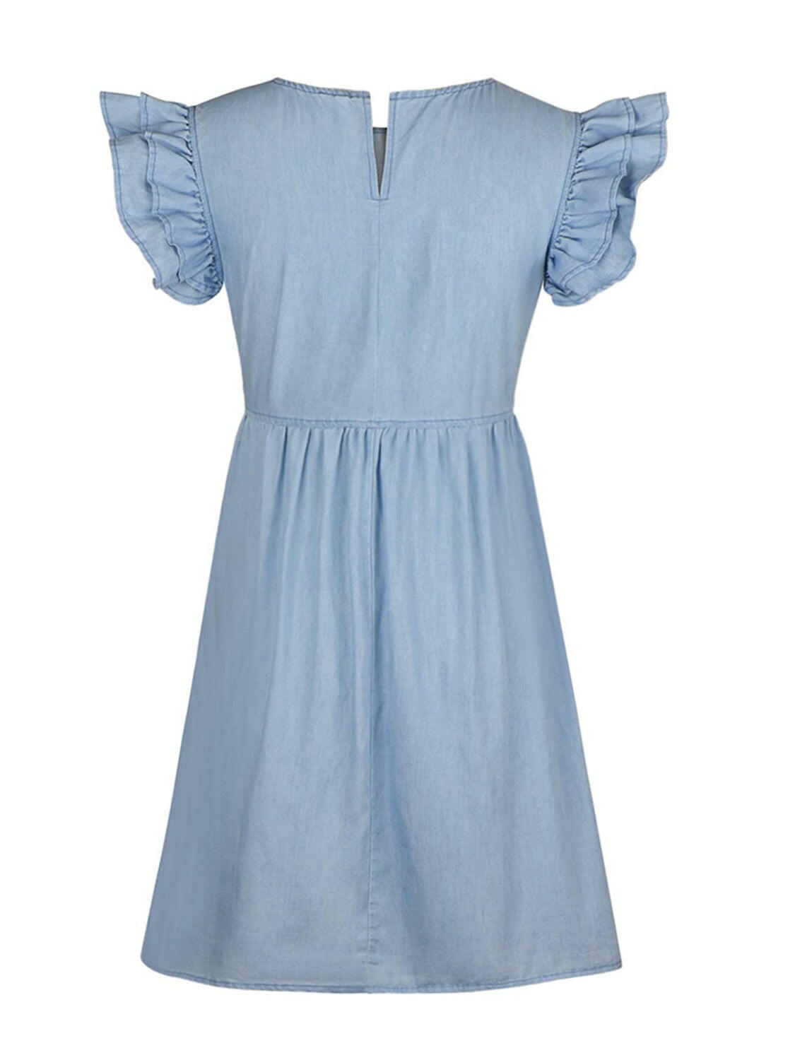 Full Size Ruffled Round Neck Cap Sleeve Denim Dress.