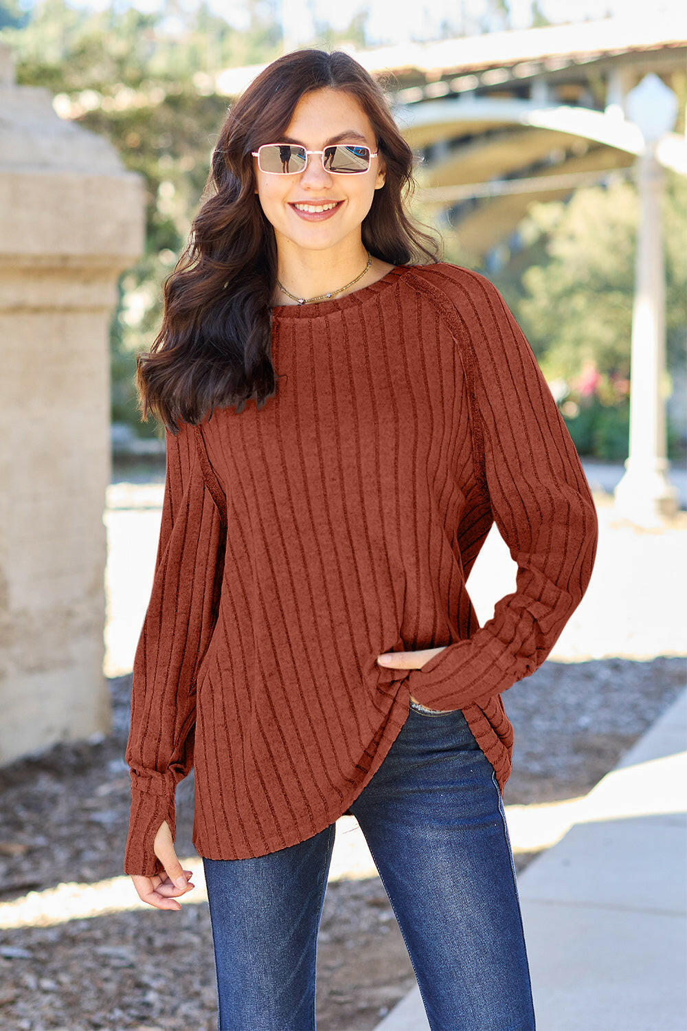 Basic Bae Full Size Ribbed Round Neck Long Sleeve Knit Top.