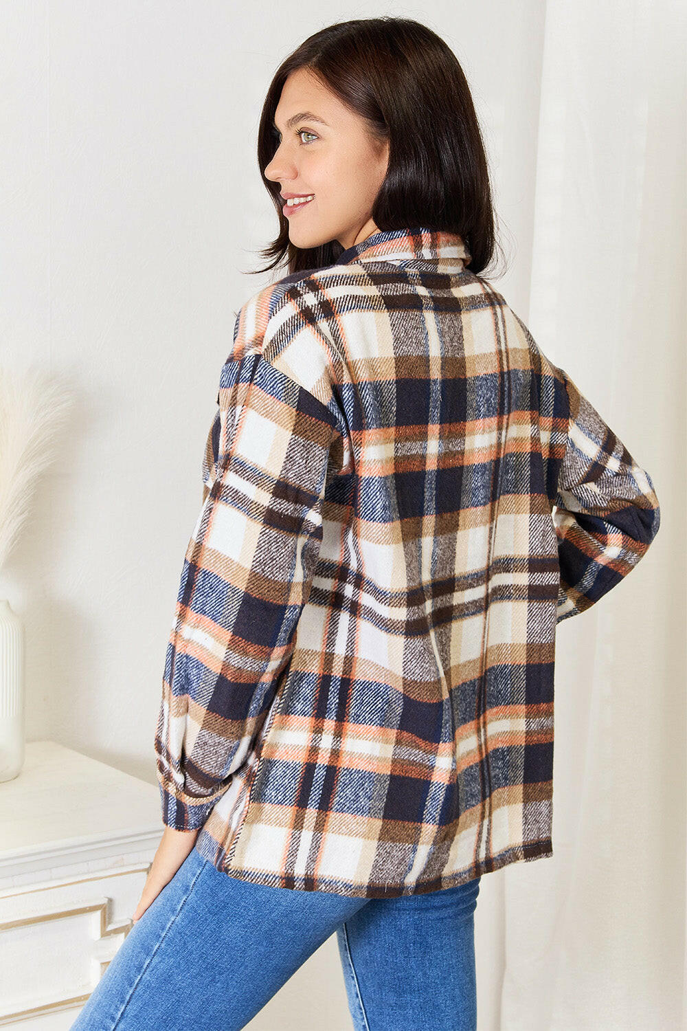 Double Take Plaid Button Front Shirt Jacket.