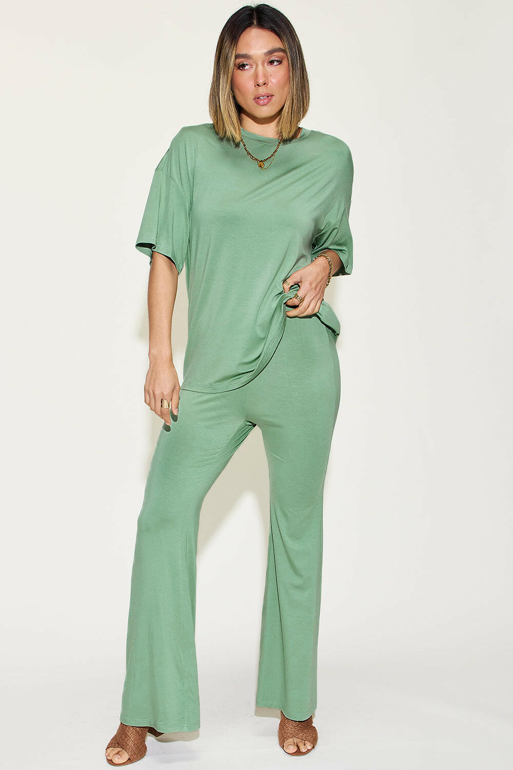 Basic Bae Bamboo Drop Shoulder T-Shirt and Flare Pants Set.