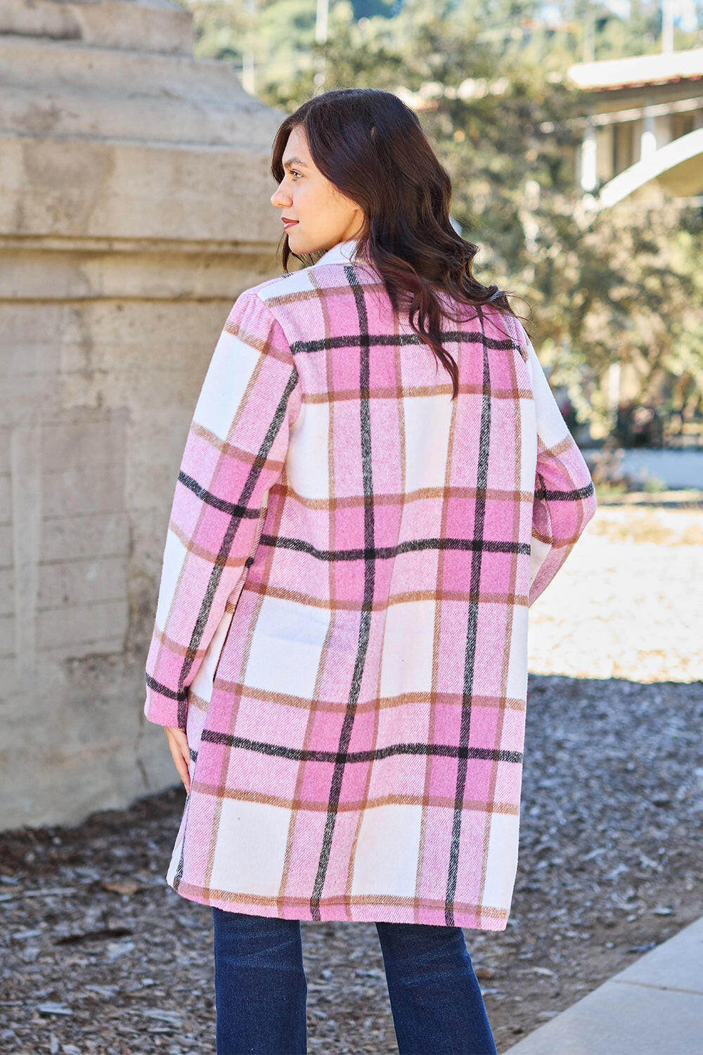 Double Take Plaid Button Up Lapel Collar Coat.