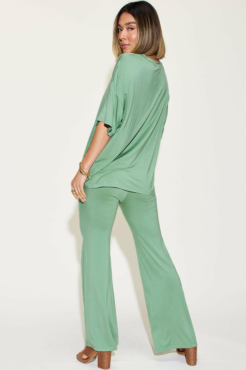 Basic Bae Bamboo Drop Shoulder T-Shirt and Flare Pants Set.