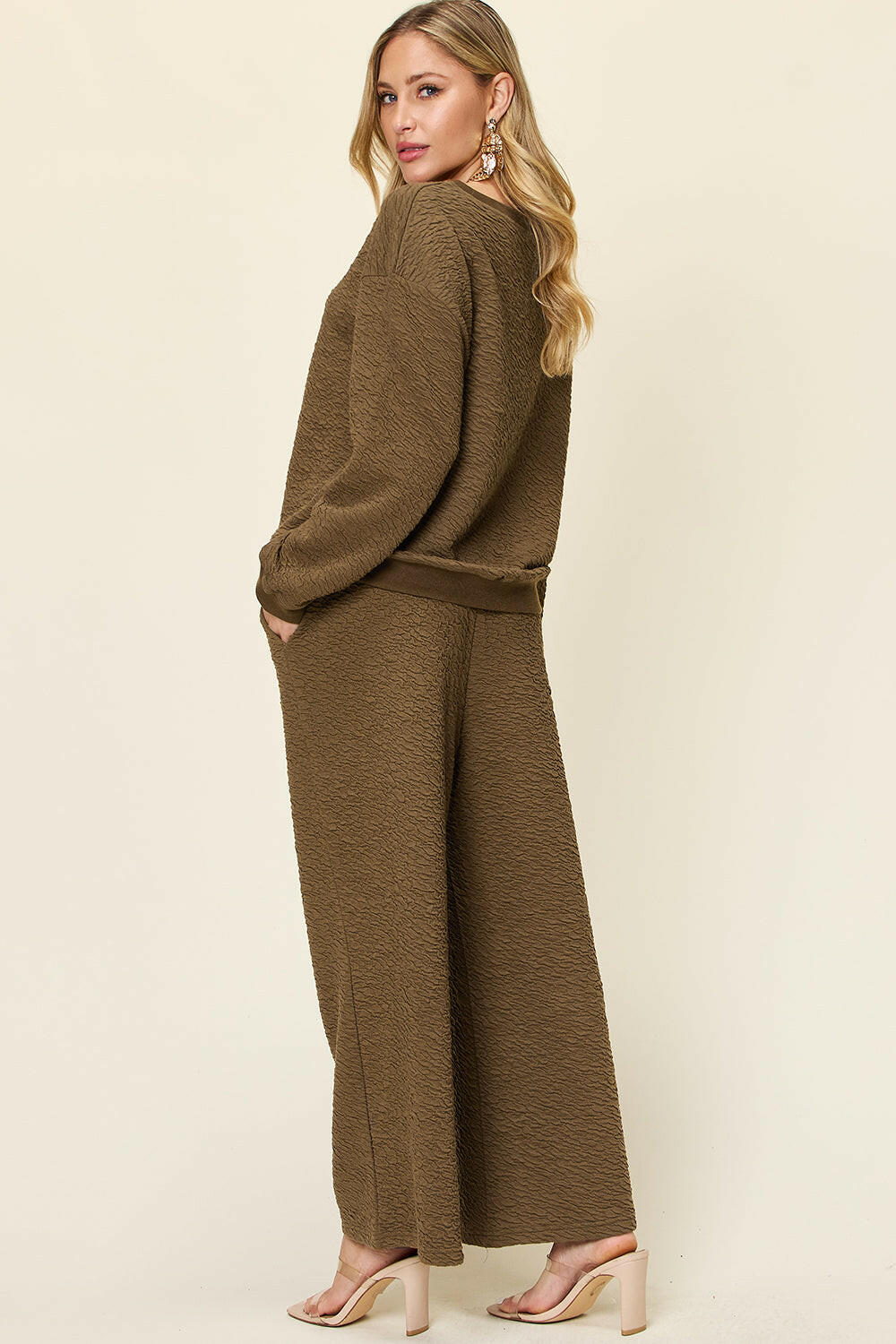 Double Take Textured Long Sleeve Top and Pants Set.