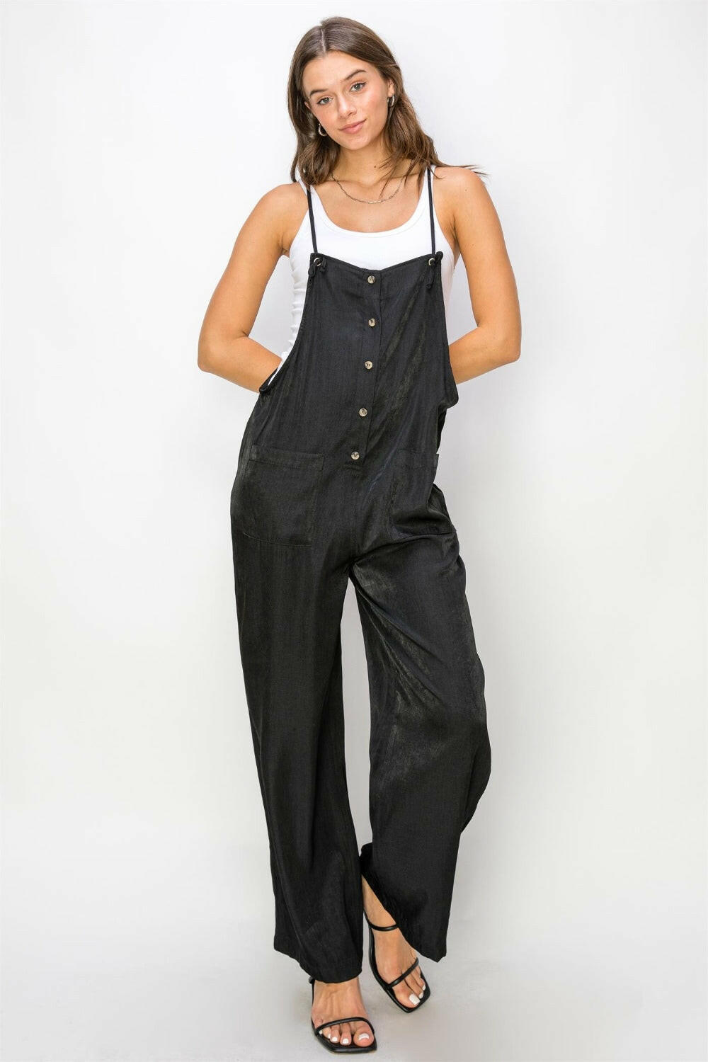 Half Button Sleeveless Straight Jumpsuit.