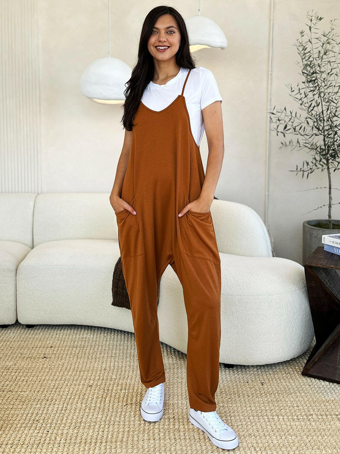 Sleeveless V-Neck Pocketed Jumpsuit.