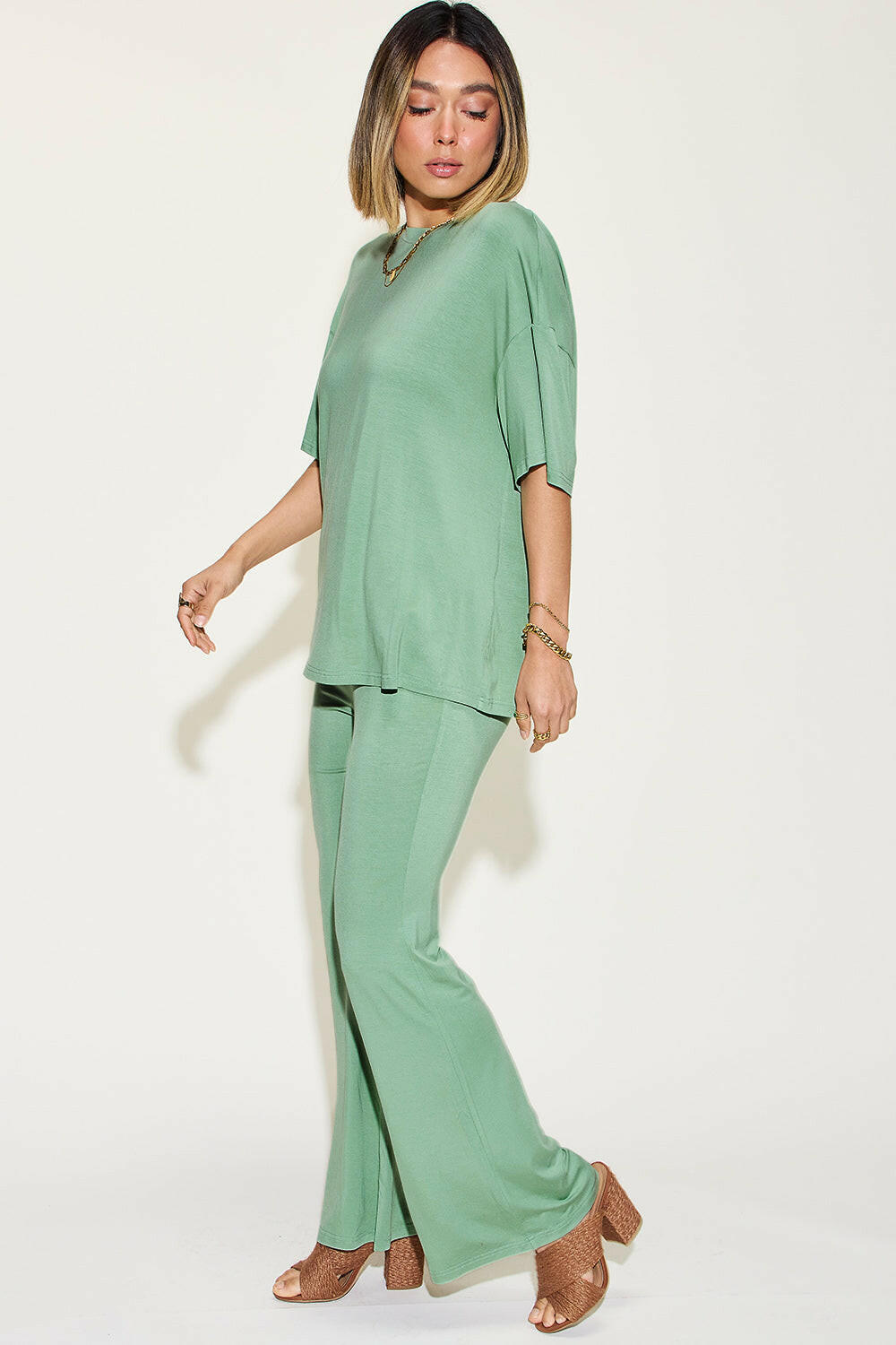 Basic Bae Bamboo Drop Shoulder T-Shirt and Flare Pants Set.