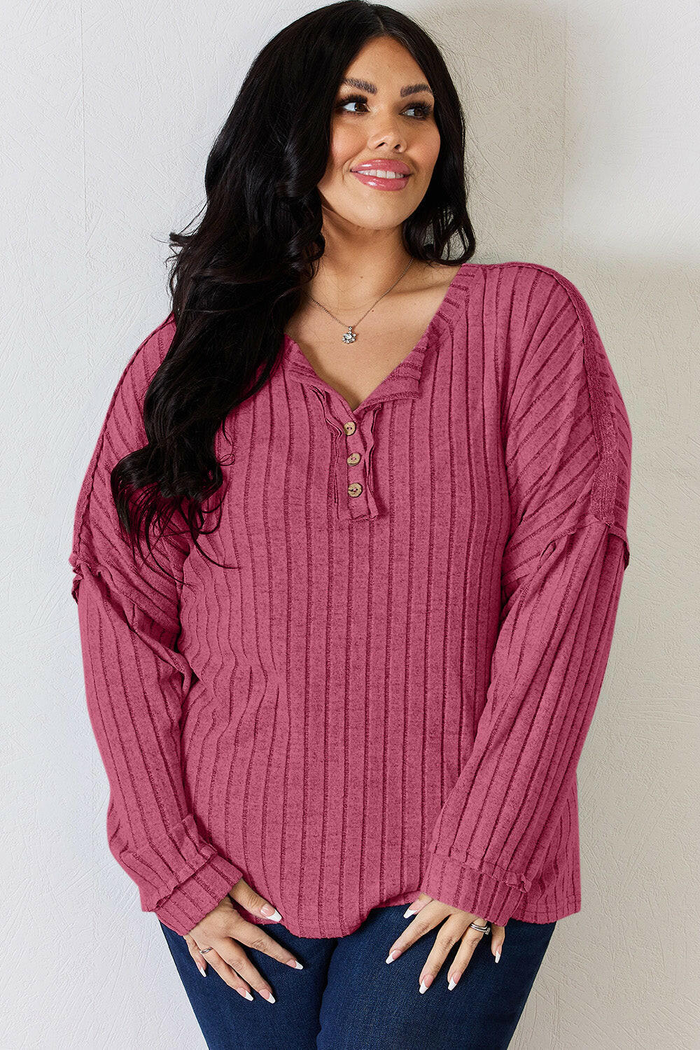 Basic Bae Ribbed Half Button Long Sleeve T-Shirt.