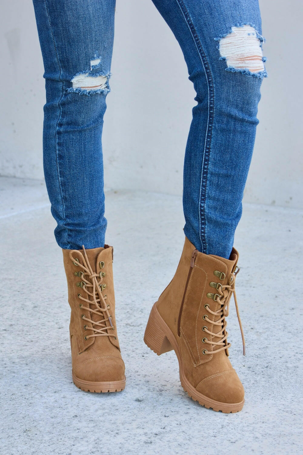 Forever Link Lace-Up Zipper Detail Block Heel Boots.