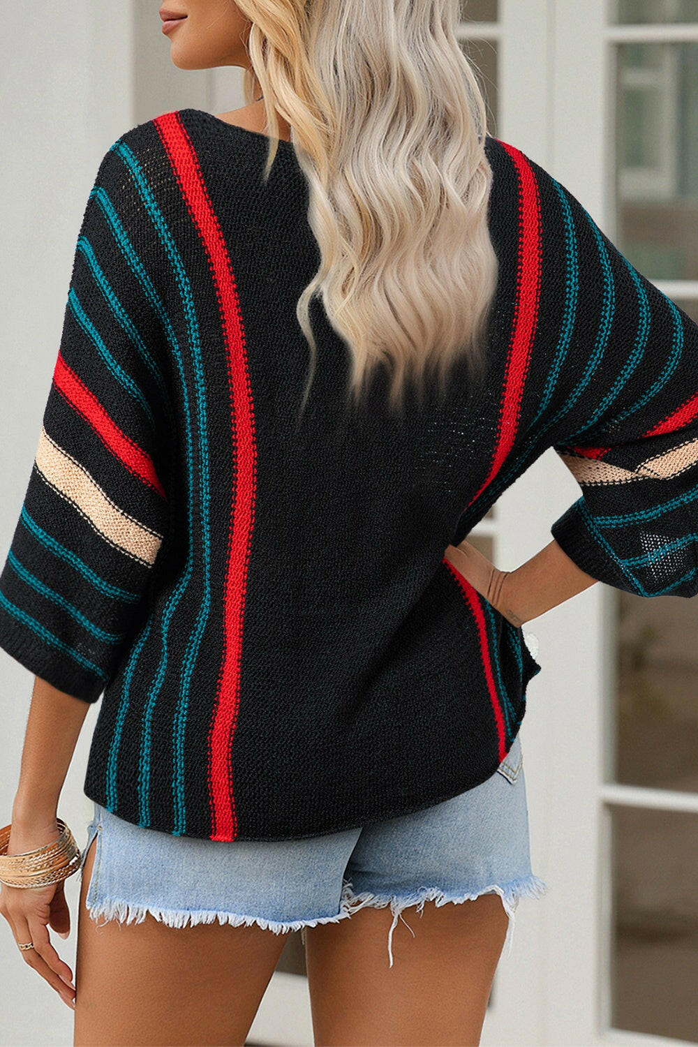 Striped Boat Neck Three-Quarter Sleeve Knit Top.