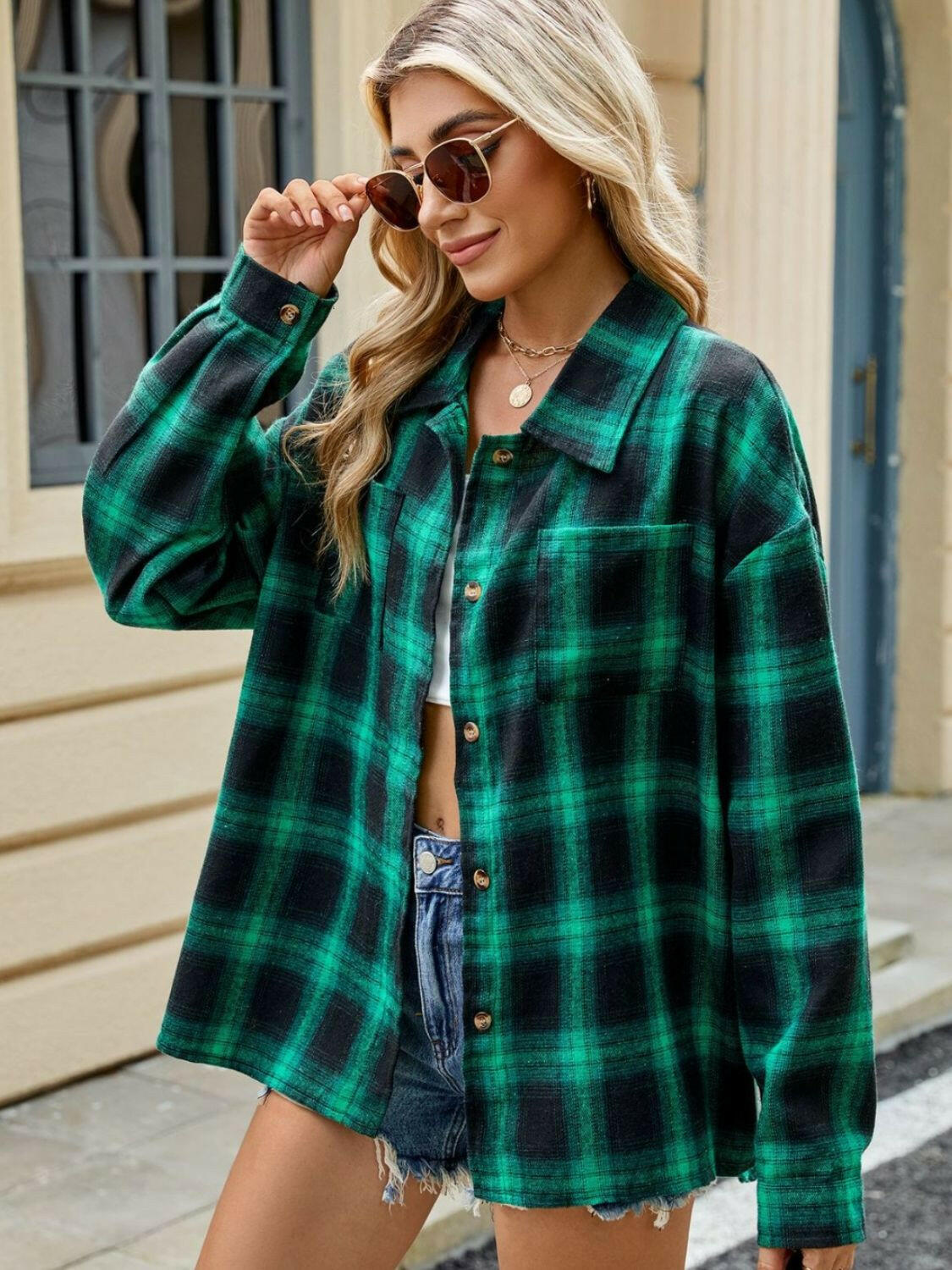 Plaid Collared Neck Long Sleeve Shirt.