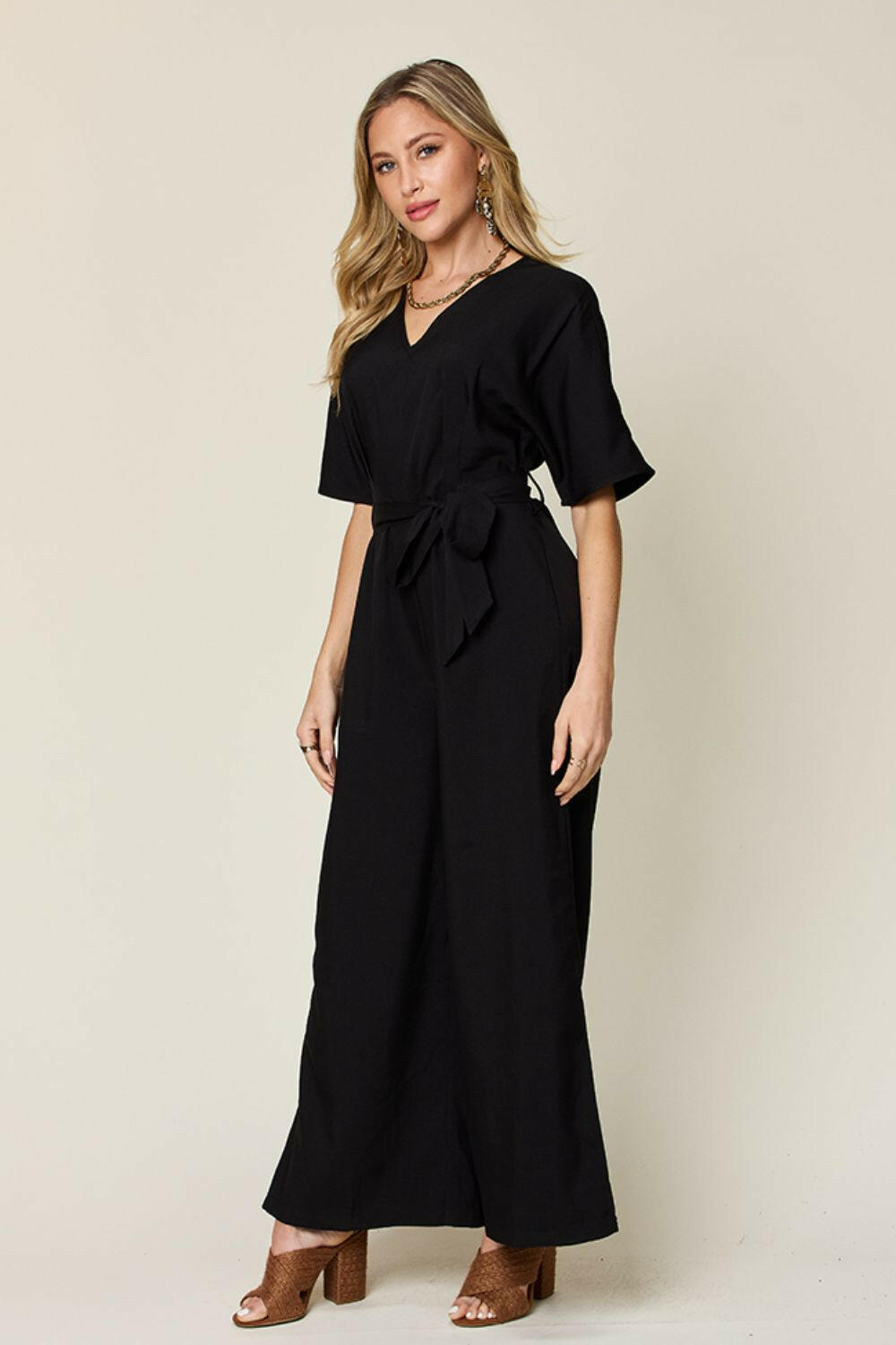 V-Neck Tied Side Slit Jumpsuit.