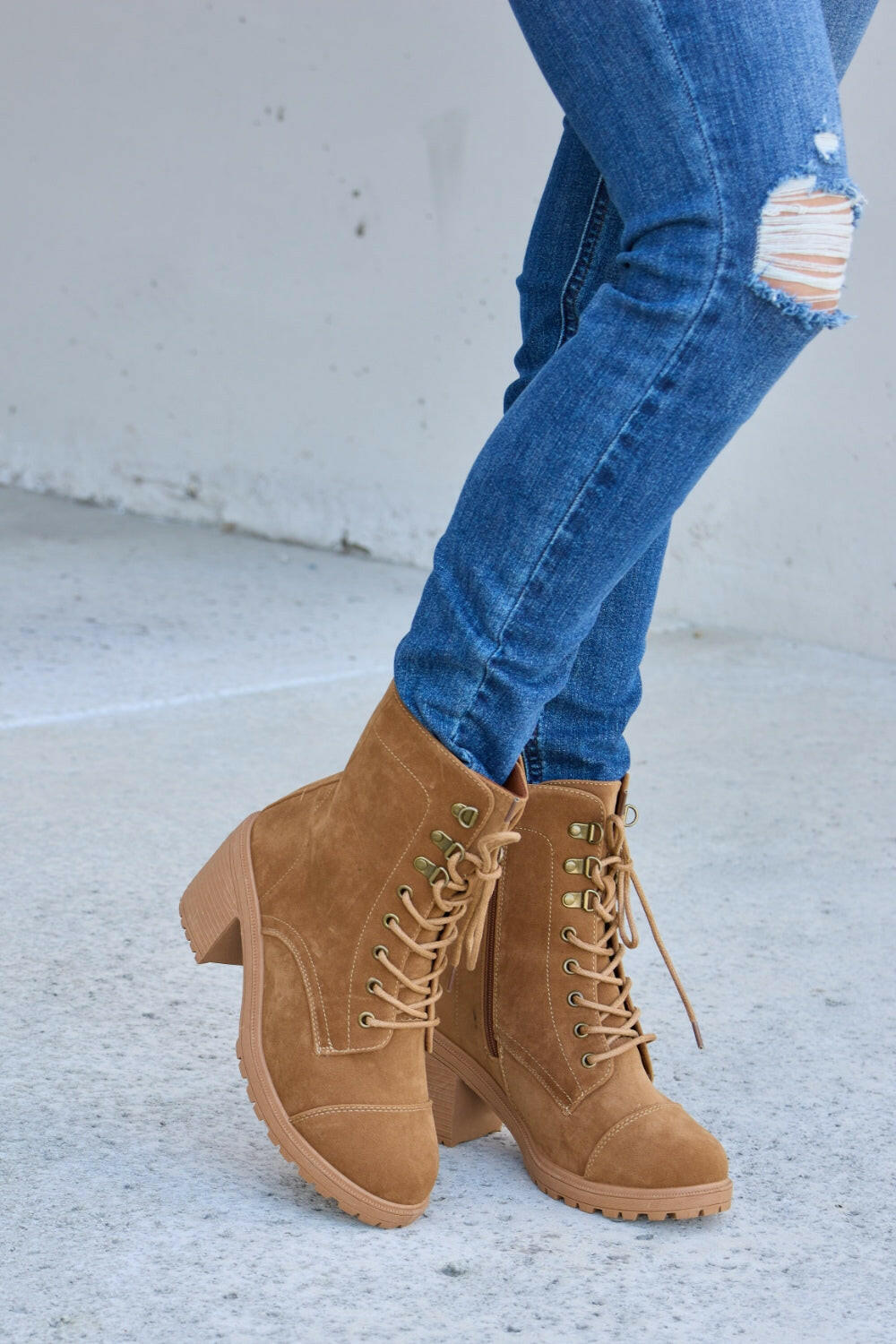 Forever Link Lace-Up Zipper Detail Block Heel Boots.