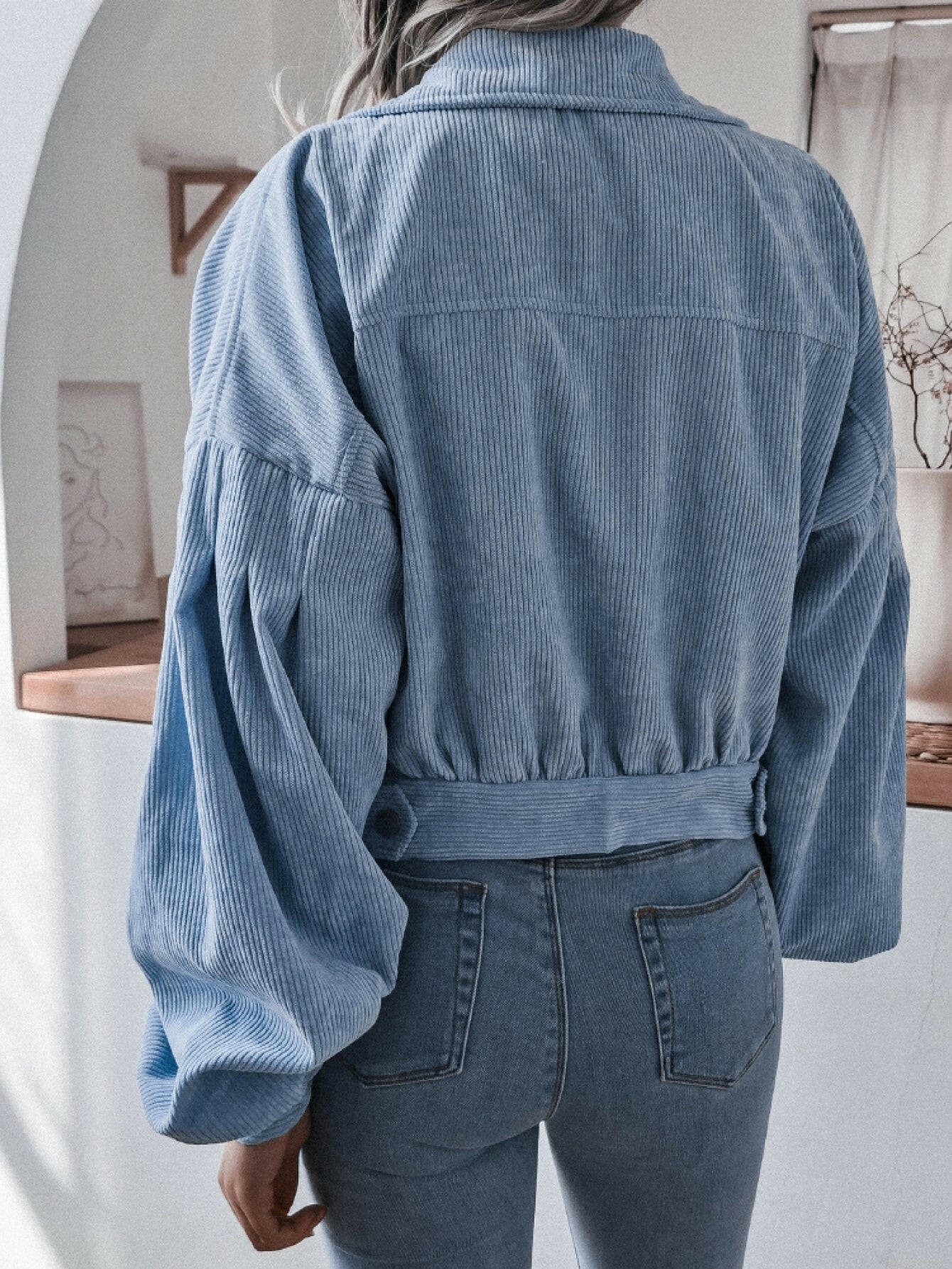 Double Take Lantern Sleeve Cropped Corduroy Jacket.