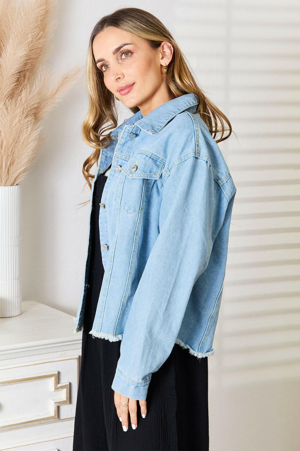 Double Take Dropped Shoulder Raw Hem Denim Jacket.