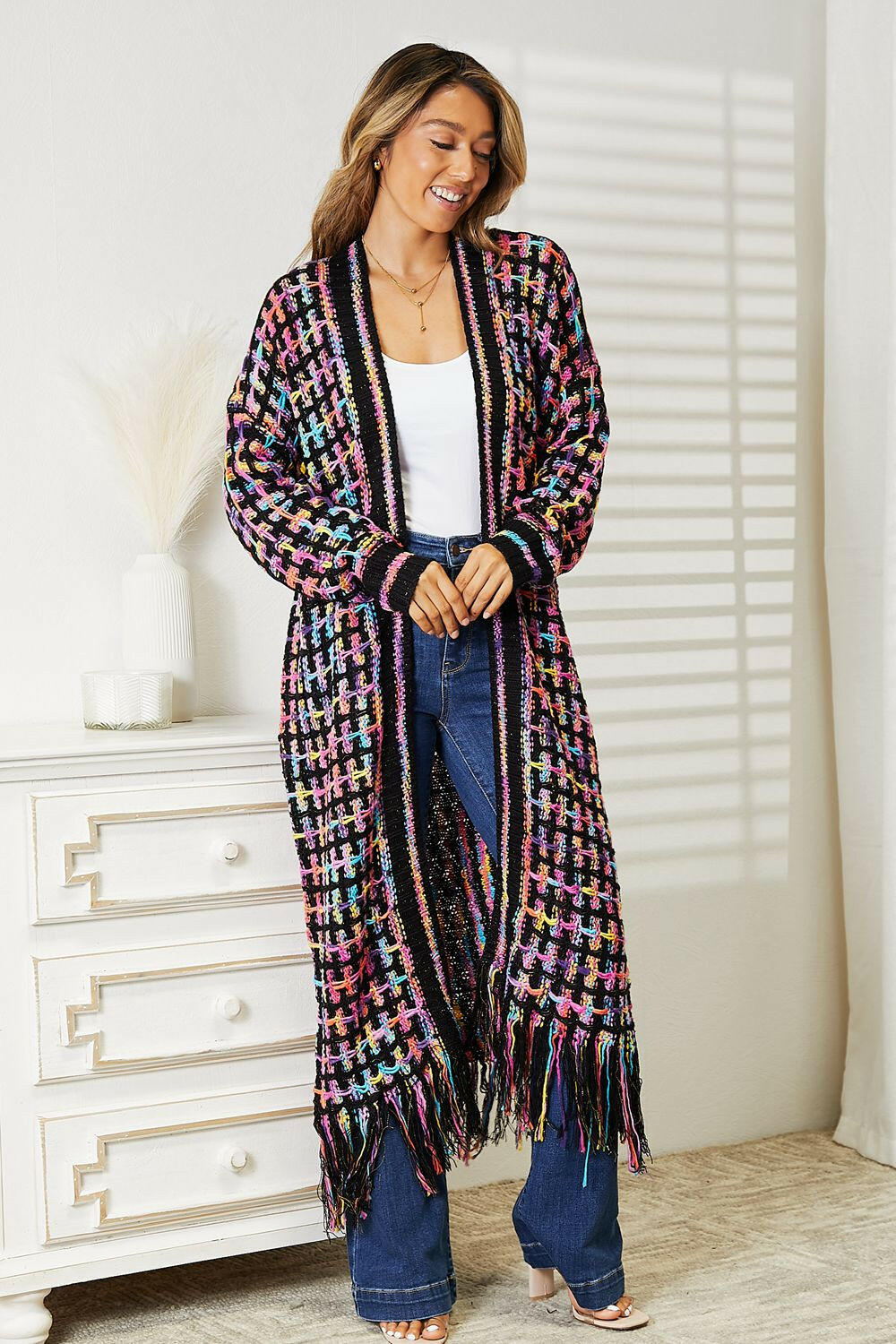 Angel Wings Multicolored Open Front Fringe Hem Cardigan.