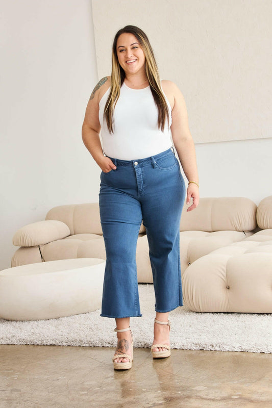 RFM Crop Chloe Full Size Tummy Control High Waist Raw Hem Jeans.