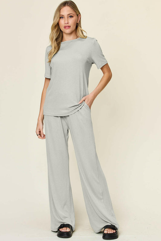 Round Neck Short Sleeve T-Shirt and Wide Leg Pants Set.