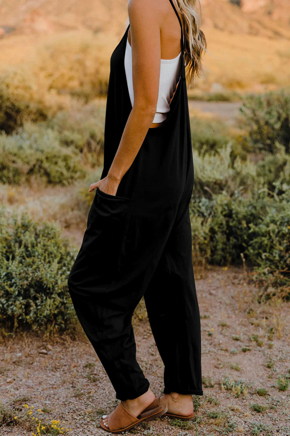 V-Neck Sleeveless Jumpsuit with Pockets.