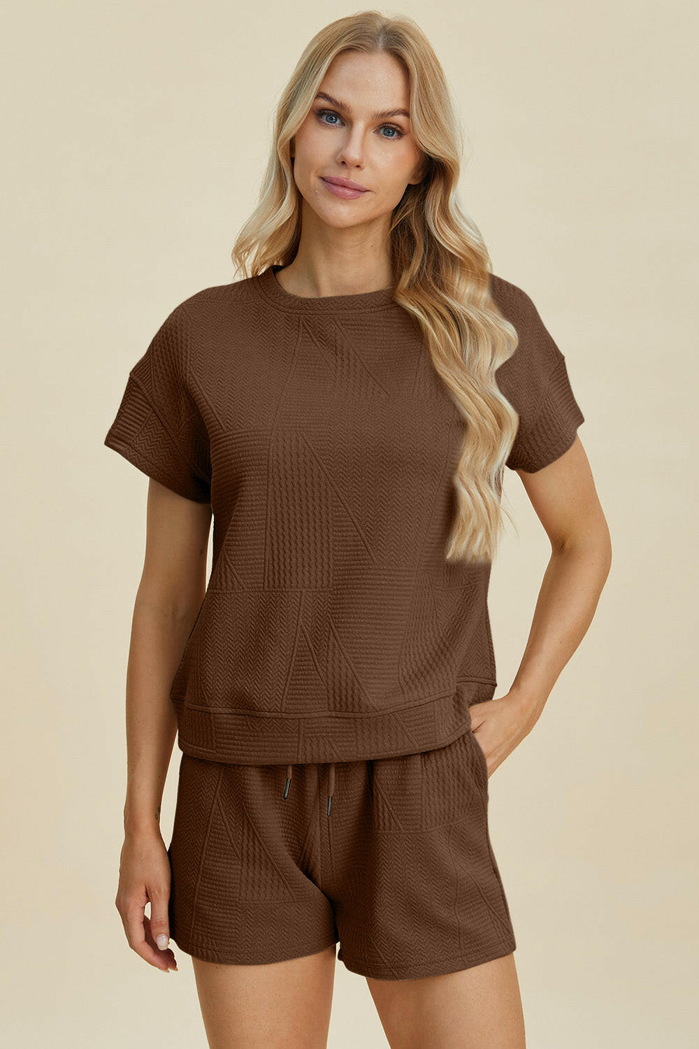 Double Take Textured Short Sleeve Top and Shorts Set