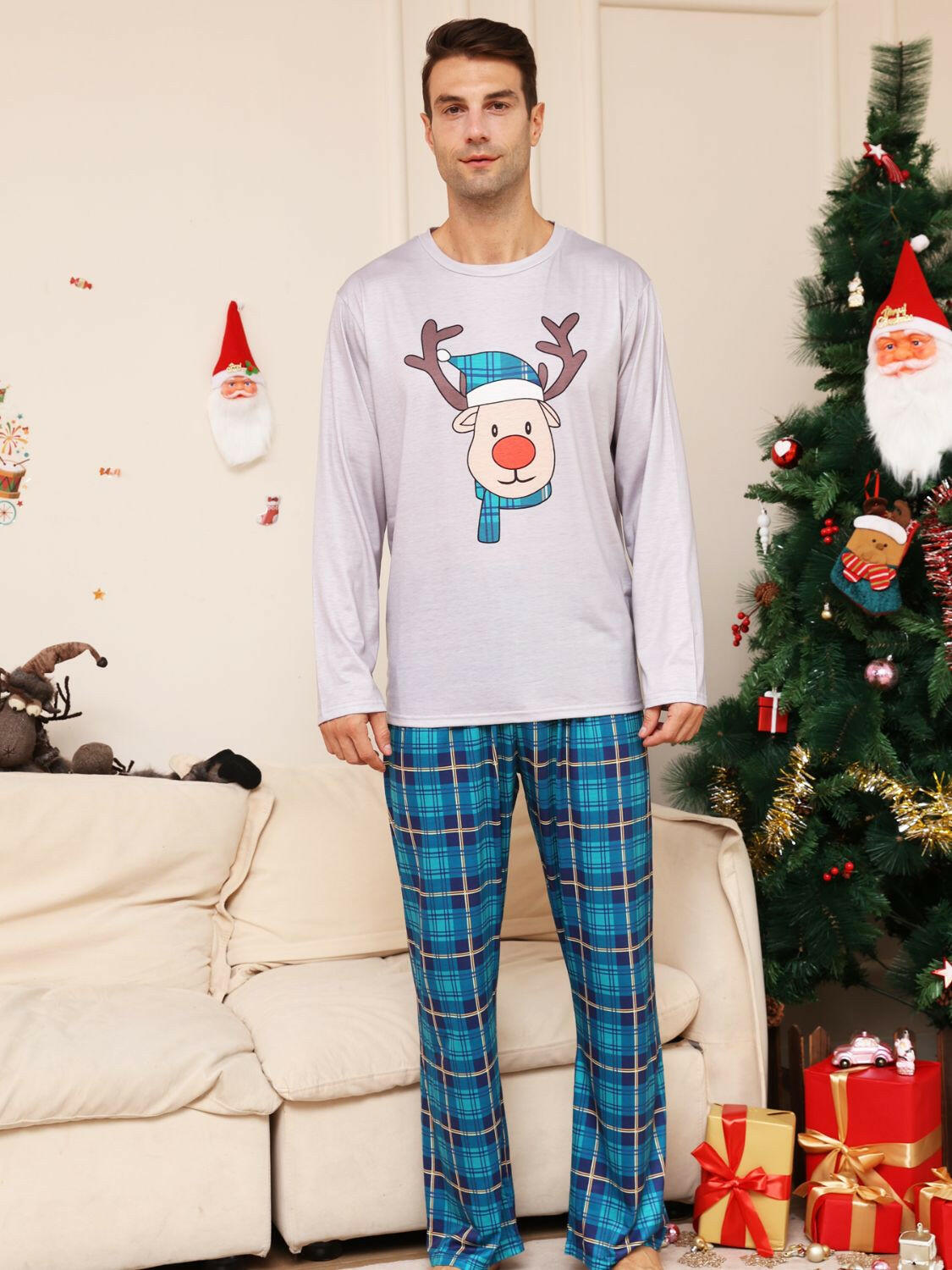 Full Size Rudolph Graphic Long Sleeve Top and Plaid Pants Set.