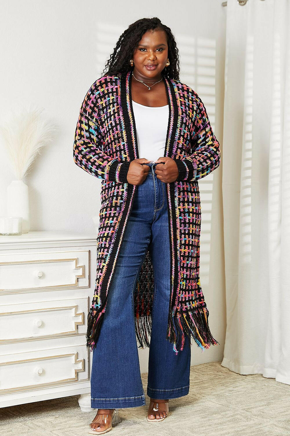 Angel Wings Multicolored Open Front Fringe Hem Cardigan.