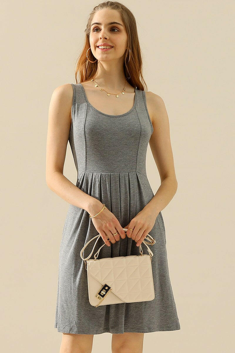 Round Neck Rouched Sleeveless Dress with Pockets.