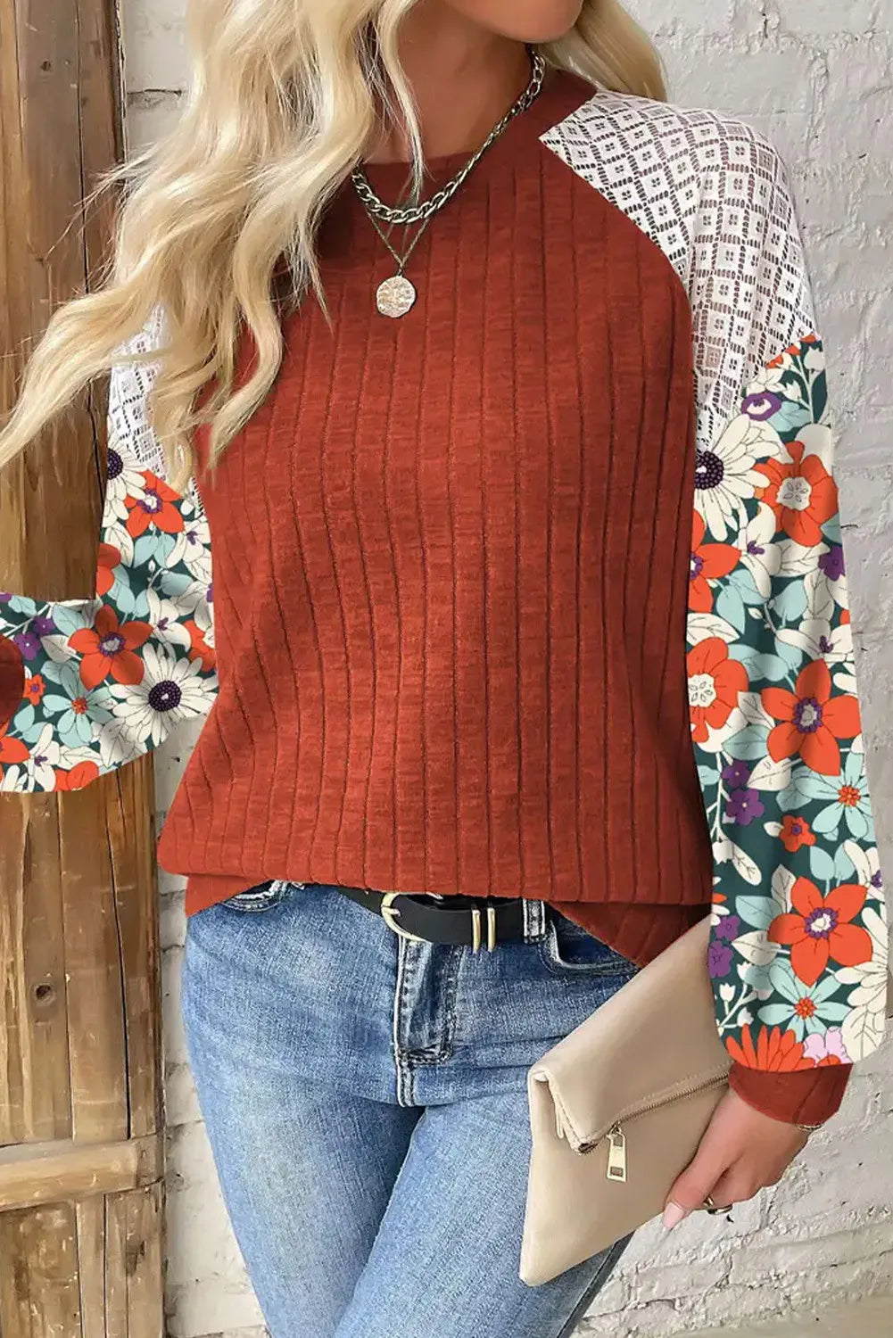 Printed Round Neck Long Sleeve Top.