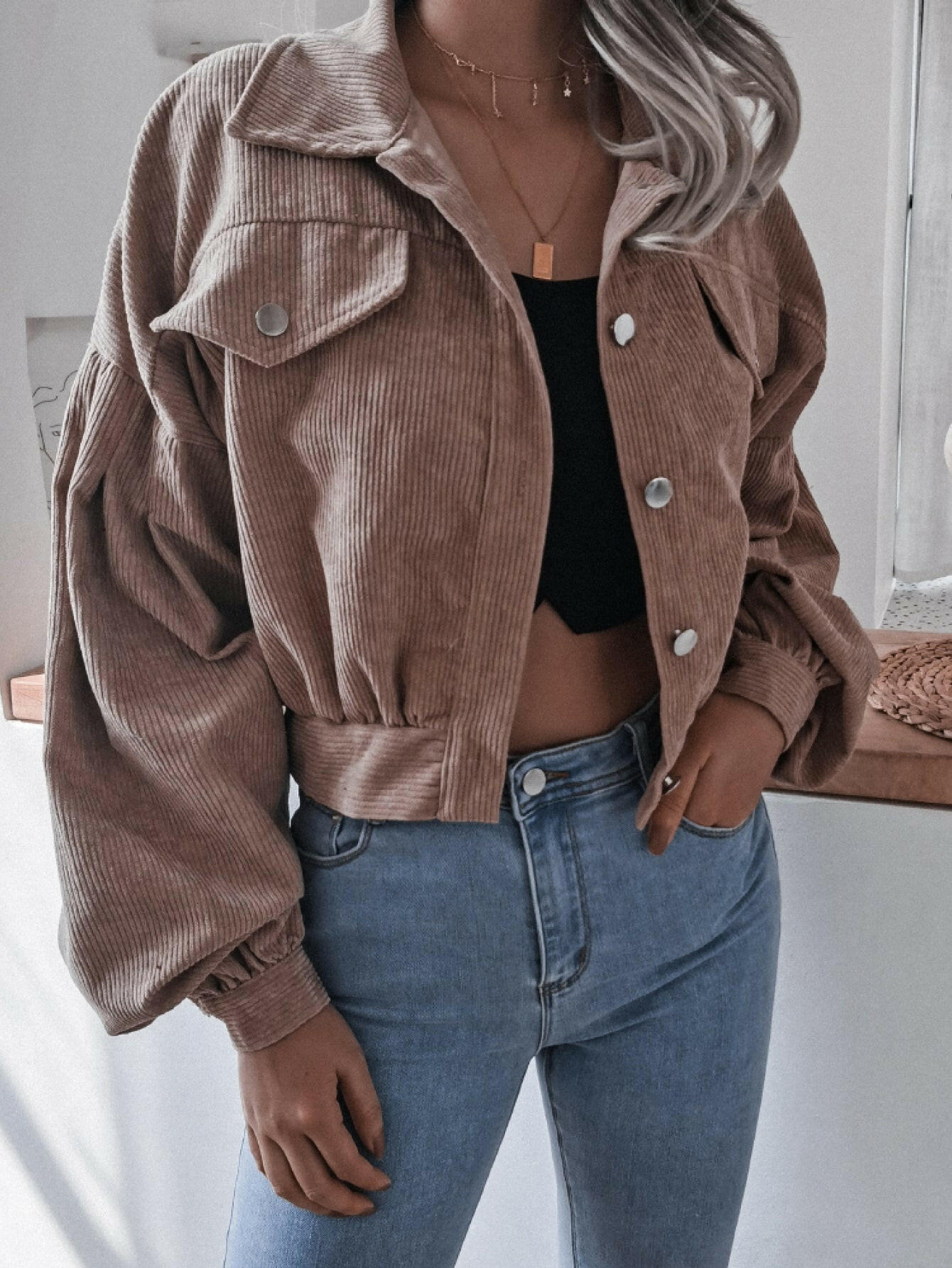 Double Take Lantern Sleeve Cropped Corduroy Jacket.