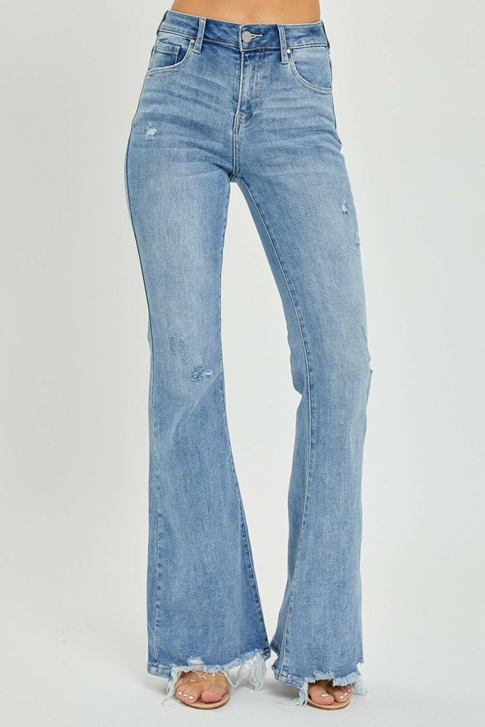 Risen Full Size High Rise Frayed Hem Flare Jeans.