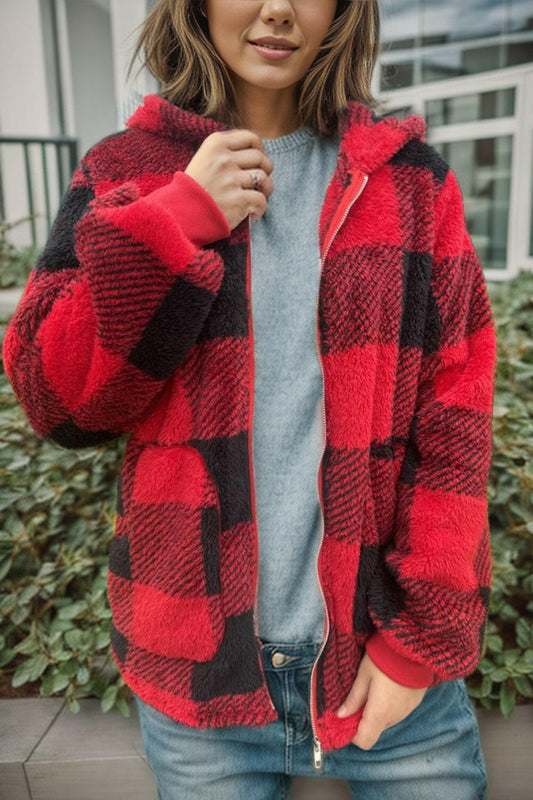 Plaid Long Sleeve Hooded Coat.