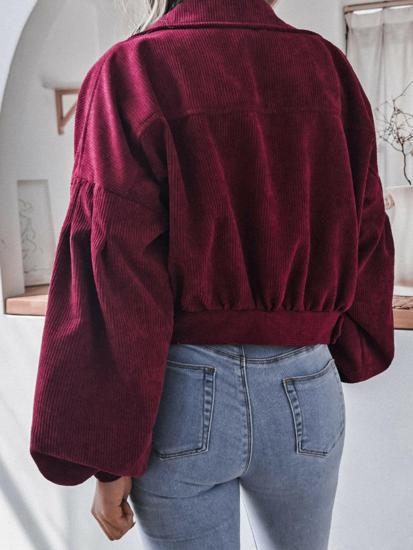 Double Take Lantern Sleeve Cropped Corduroy Jacket.