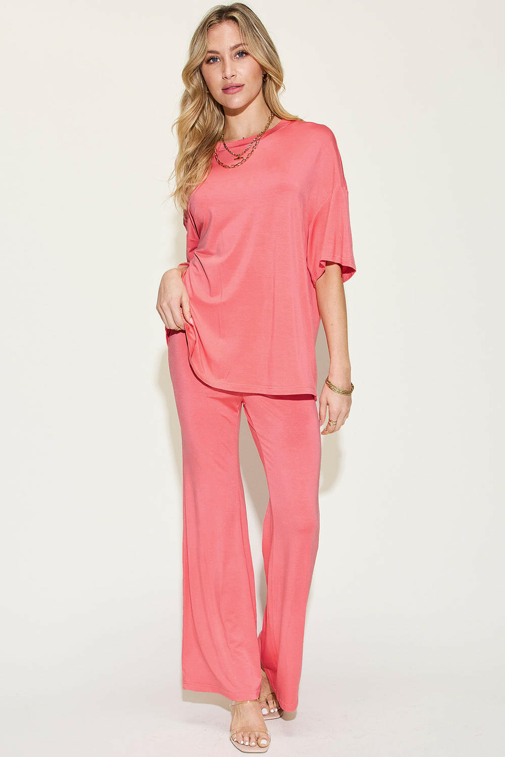 Basic Bae Bamboo Drop Shoulder T-Shirt and Flare Pants Set.