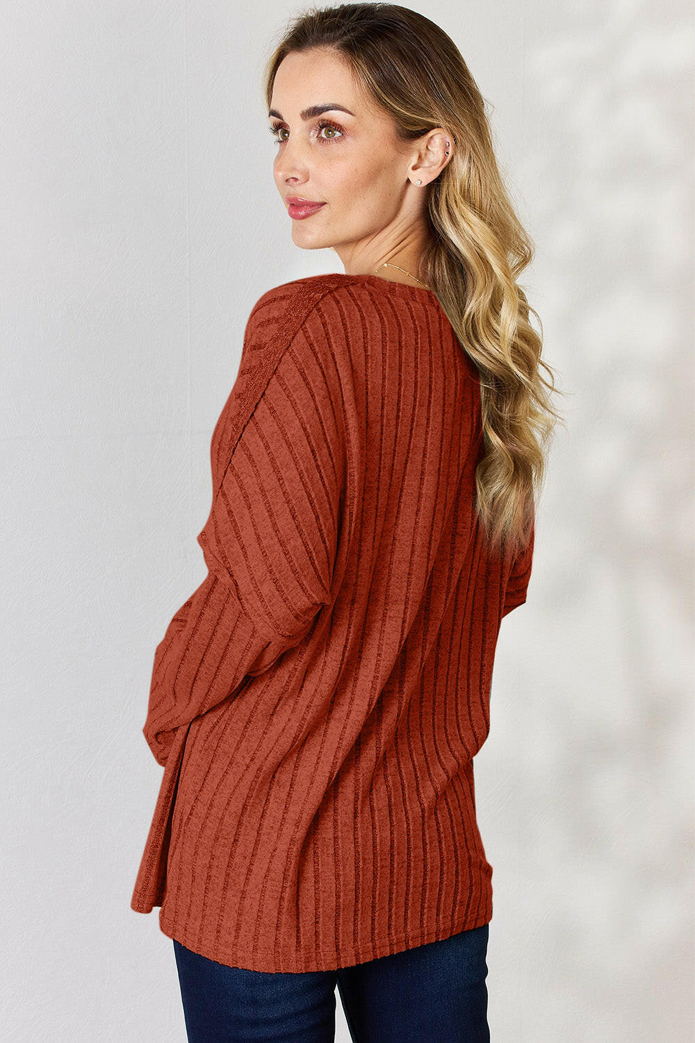 Basic Bae Ribbed Half Button Long Sleeve T-Shirt.