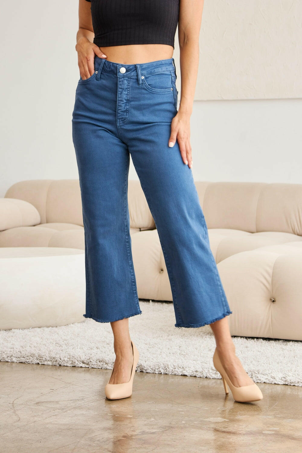 RFM Crop Chloe Full Size Tummy Control High Waist Raw Hem Jeans.