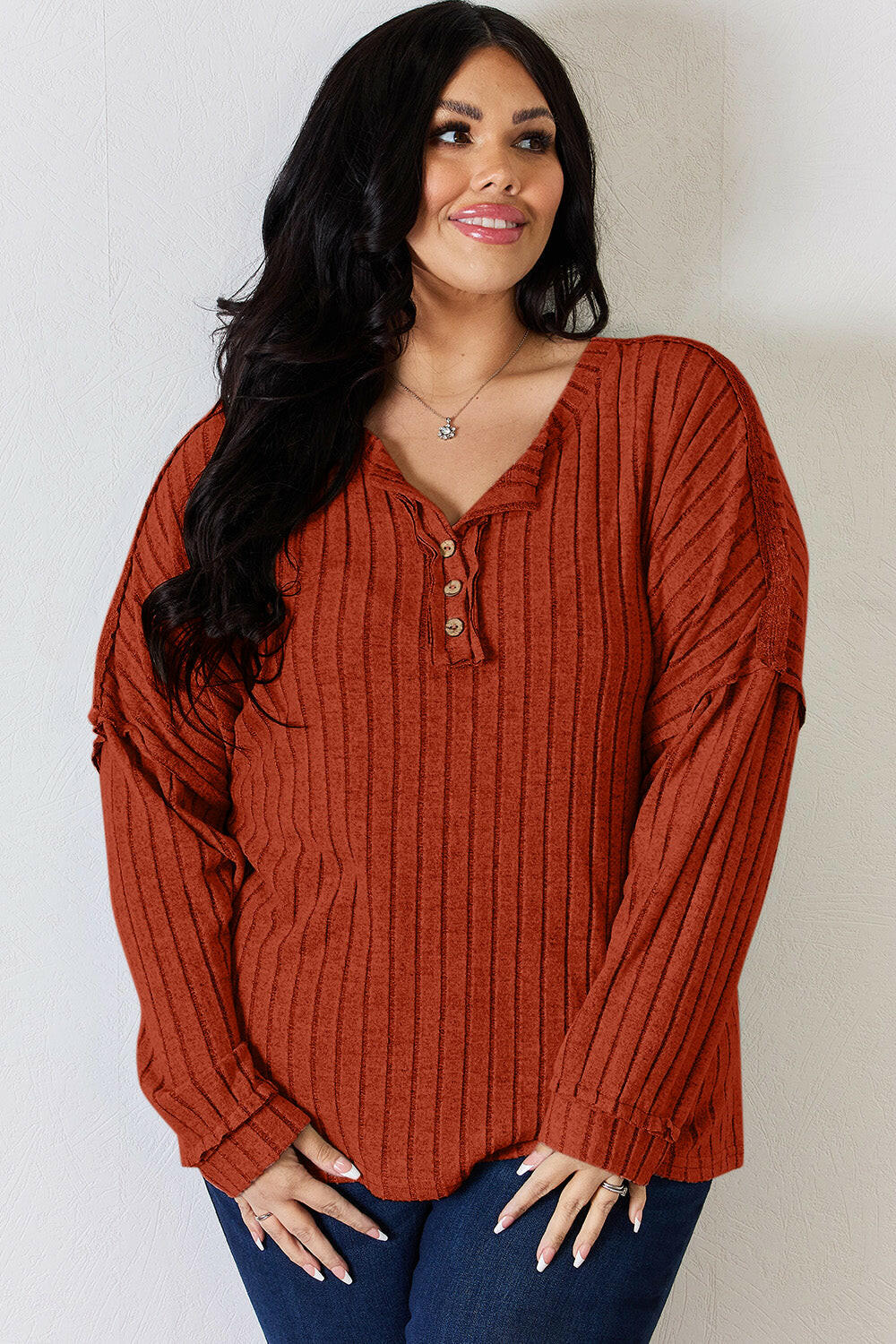 Basic Bae Ribbed Half Button Long Sleeve T-Shirt.