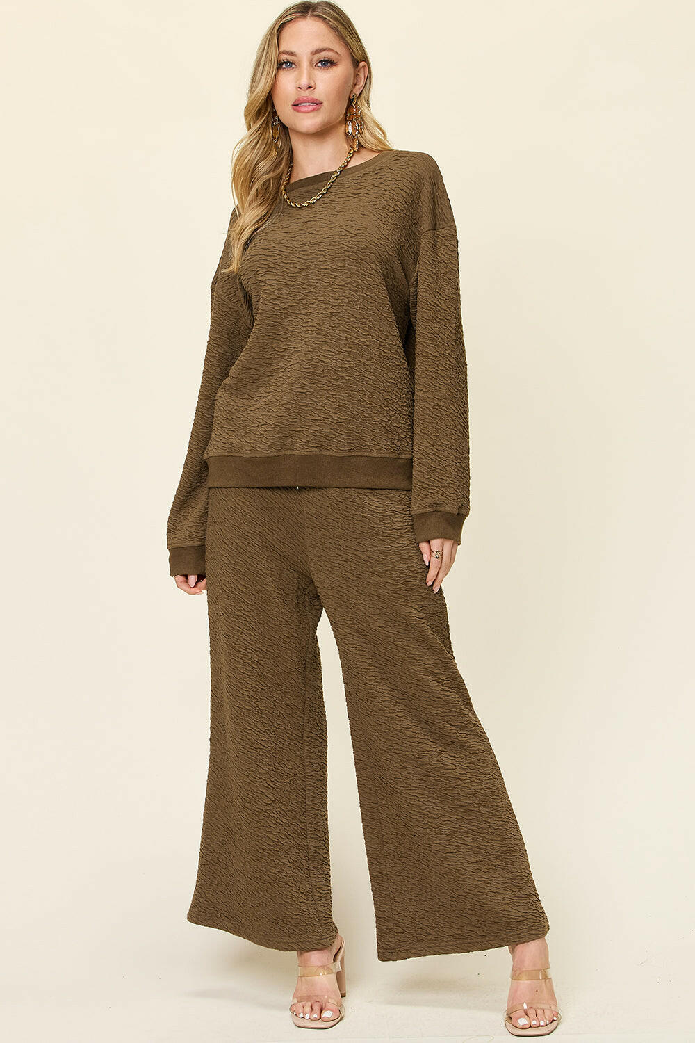 Double Take Textured Long Sleeve Top and Pants Set.