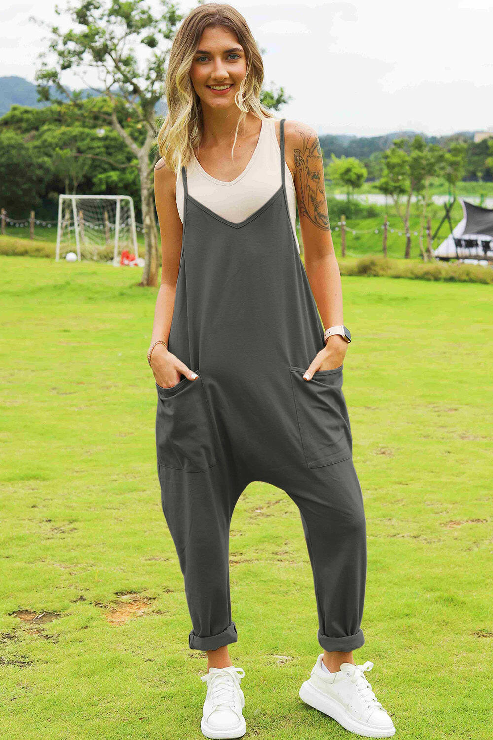 Sleeveless V-Neck Pocketed Jumpsuit.