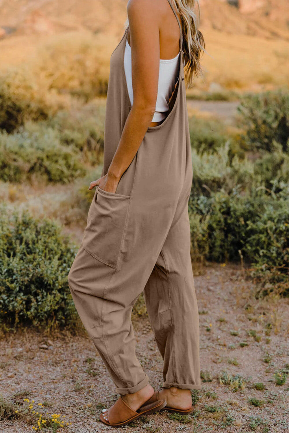 V-Neck Sleeveless Jumpsuit with Pockets.