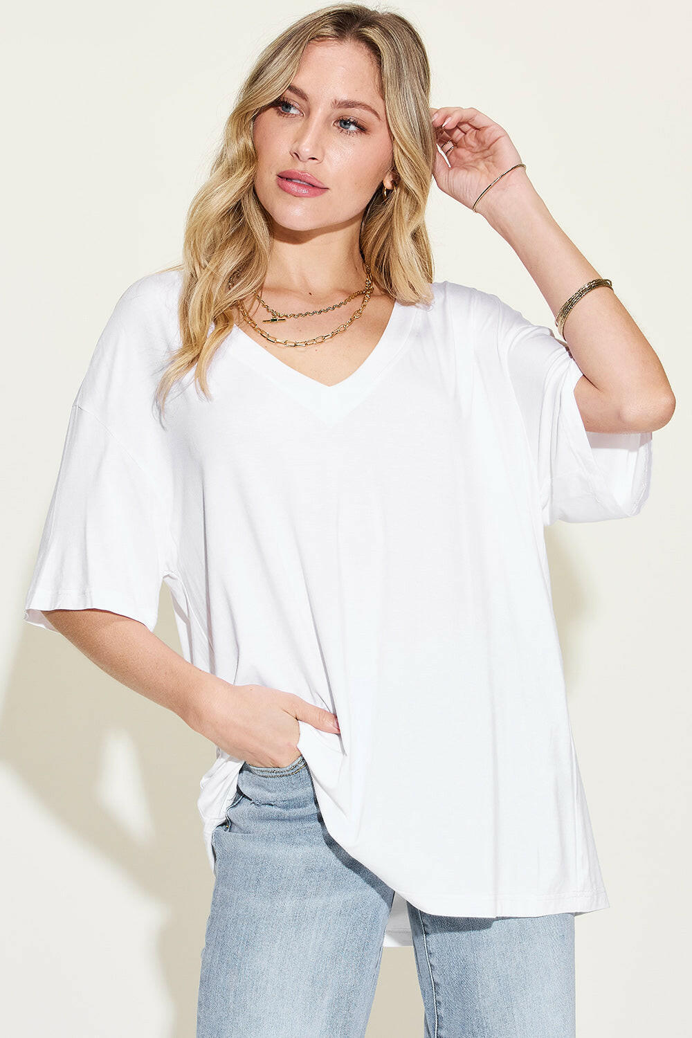 Basic Bae Bamboo V-Neck Drop Shoulder T-Shirt.