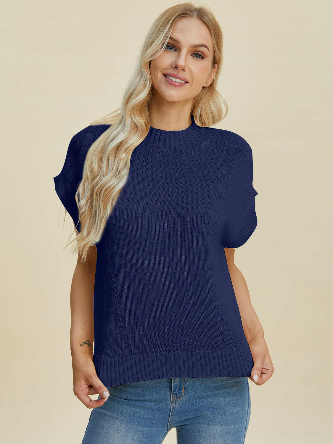 Double Take Mock Neck Short Sleeve Sweater.