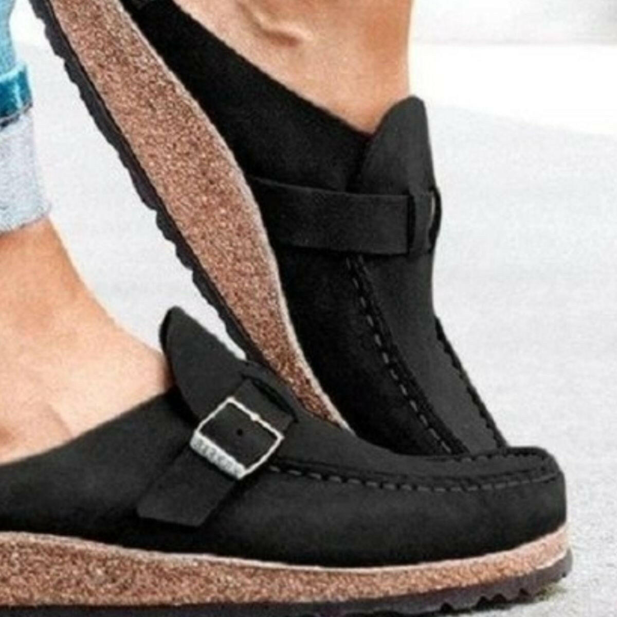 Round Toe Low Heel Buckle Loafers.