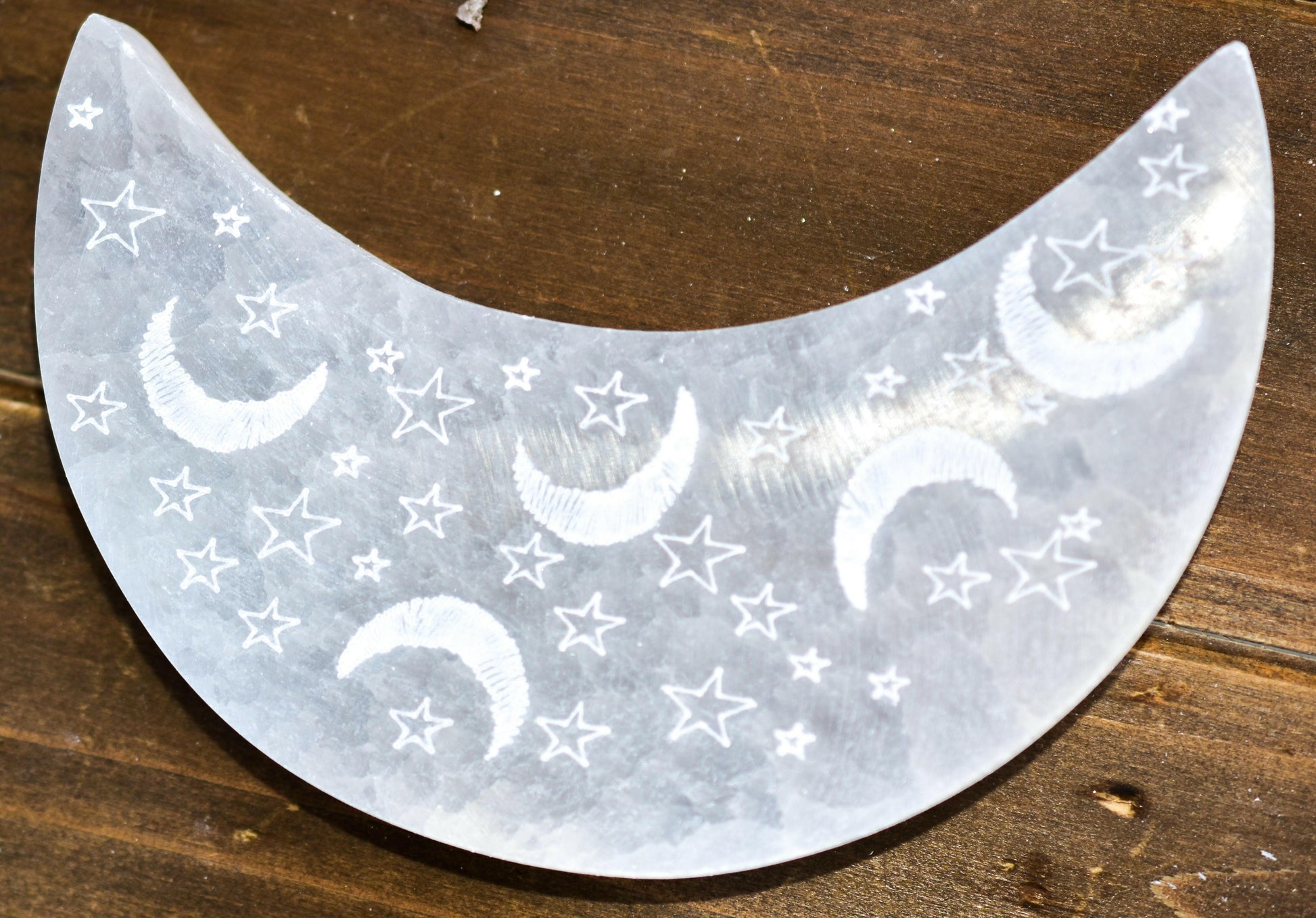 Celestial Engraved Crescent Moon Selenite Plate.