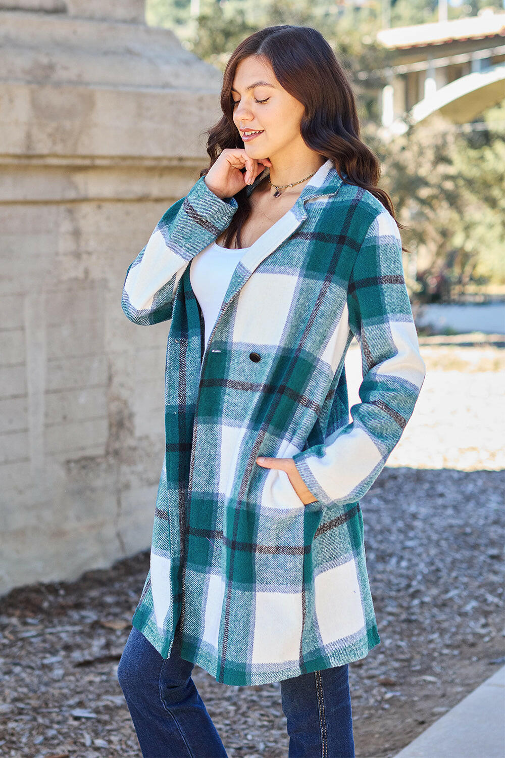 Double Take Plaid Button Up Lapel Collar Coat.