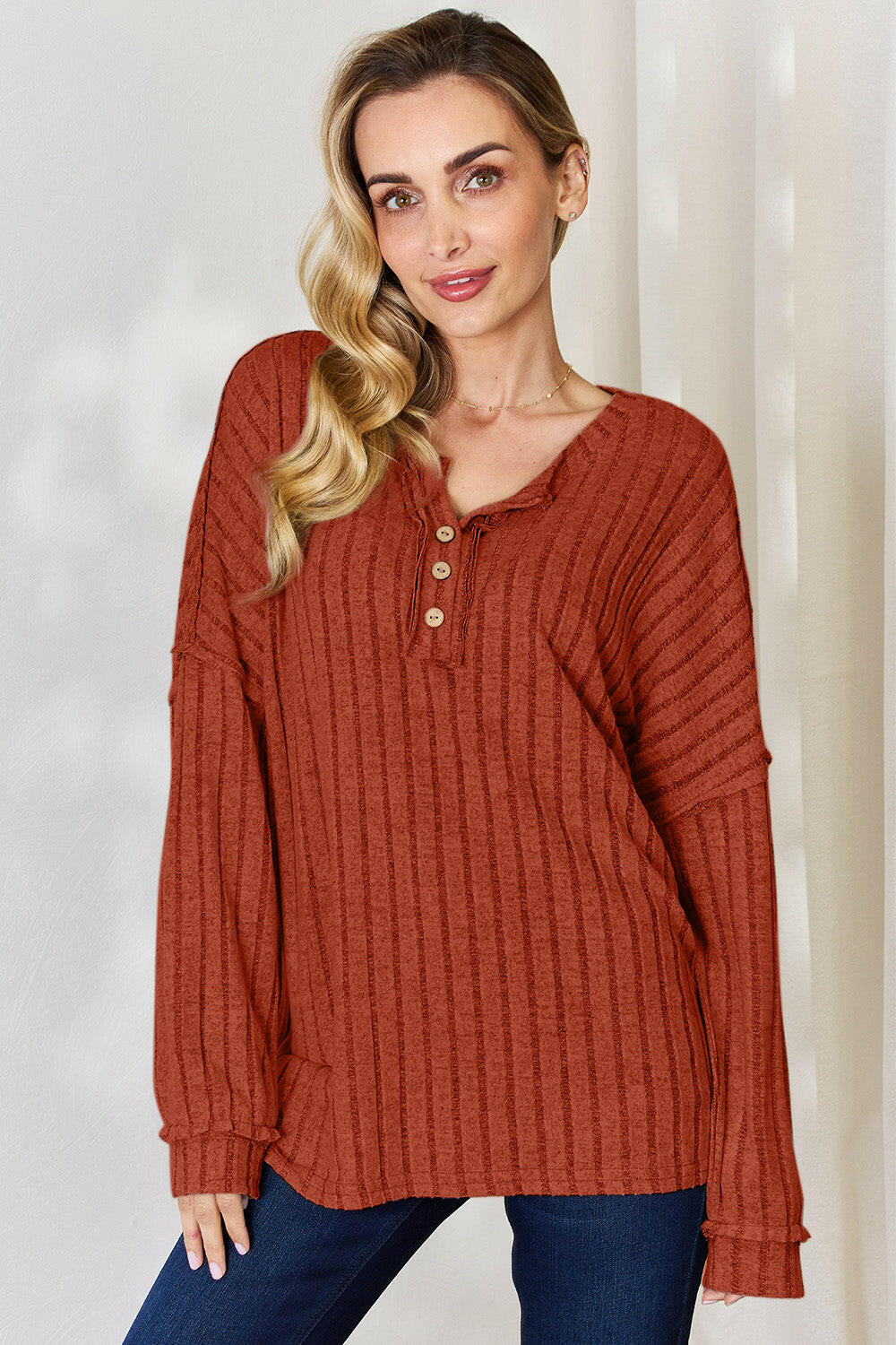 Basic Bae Ribbed Half Button Long Sleeve T-Shirt.