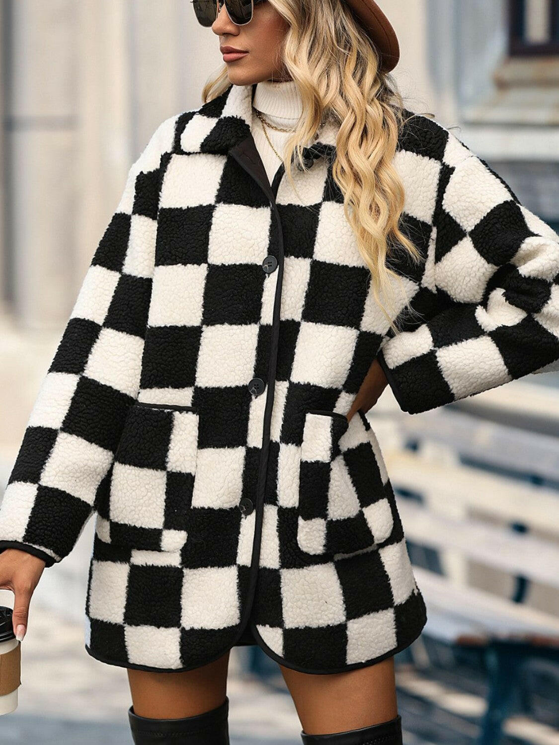 Double Take Checkered Button Front Coat with Pockets.