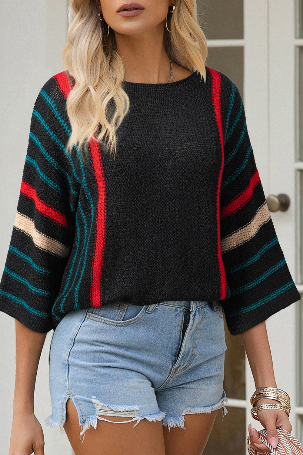 Striped Boat Neck Three-Quarter Sleeve Knit Top.