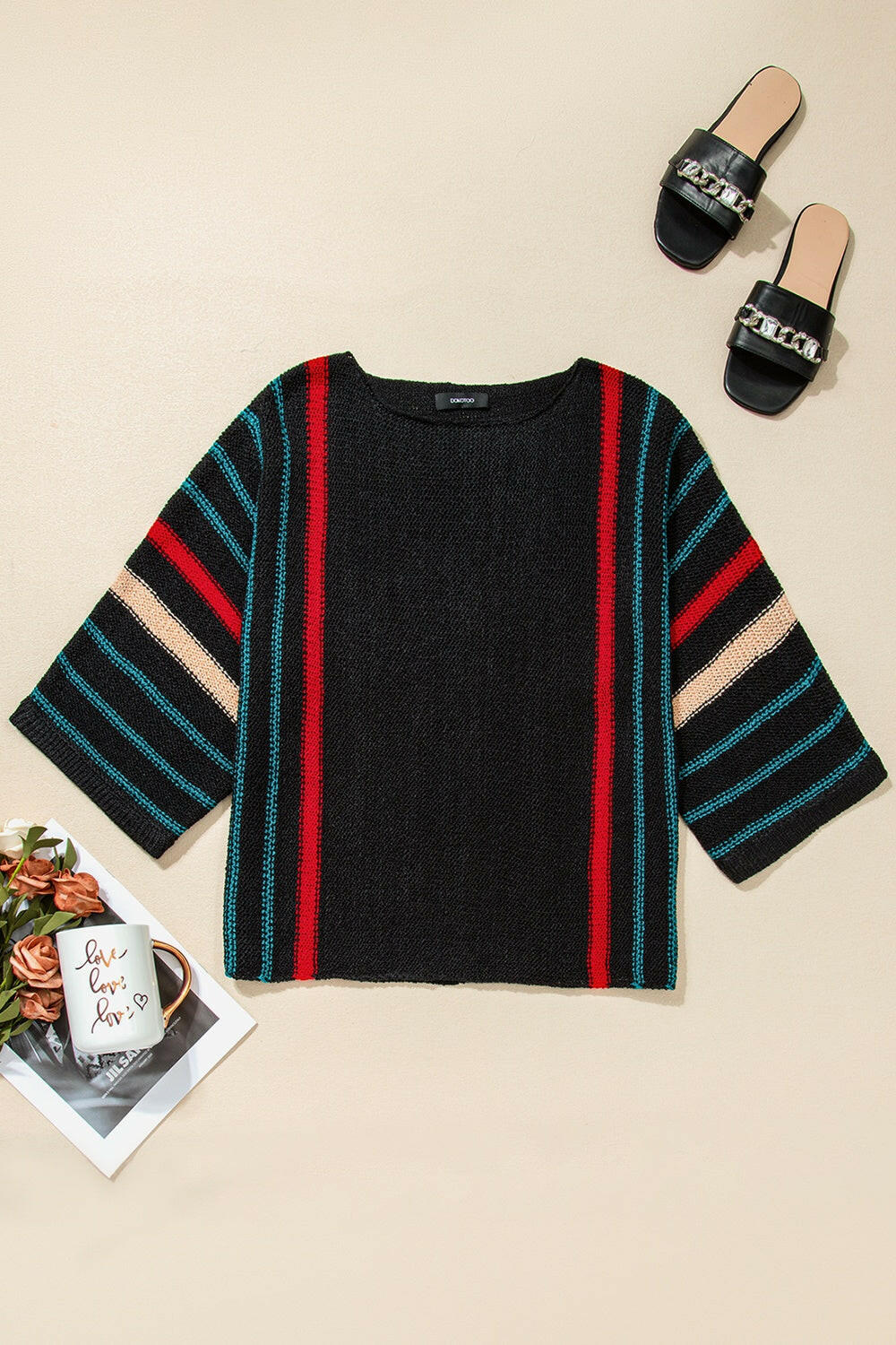 Striped Boat Neck Three-Quarter Sleeve Knit Top.